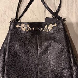 Coach Black Leather Shoulder Bag with Floral Accents